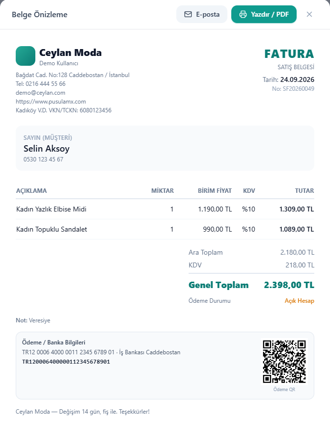 Pusulam fatura önizleme